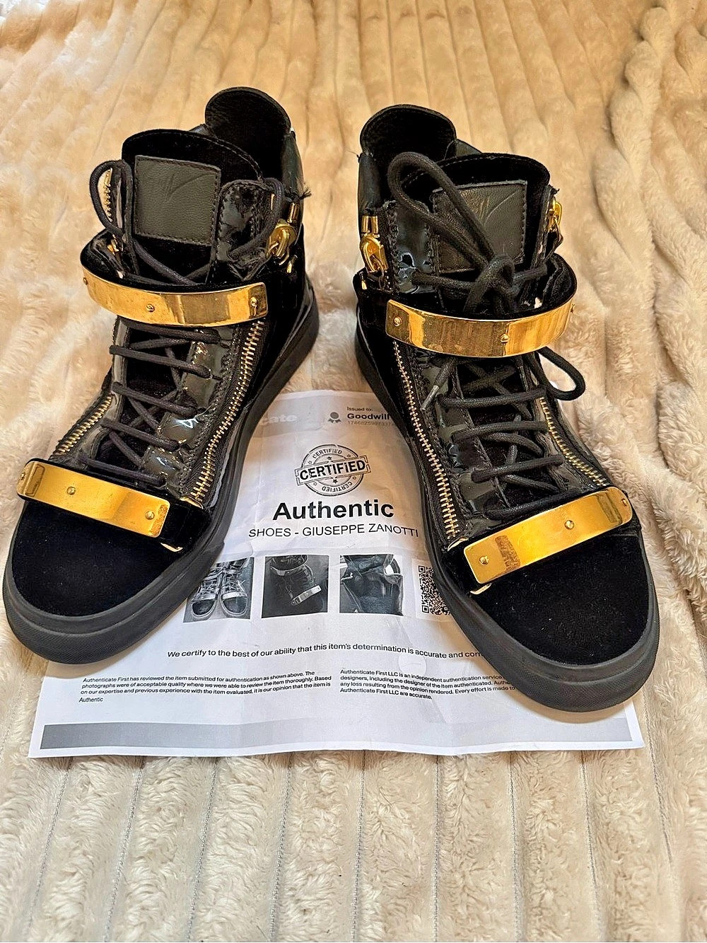 Giuseppe Zanotti Black Velvet Gold Double Strap High Top Sneakers EU 40
